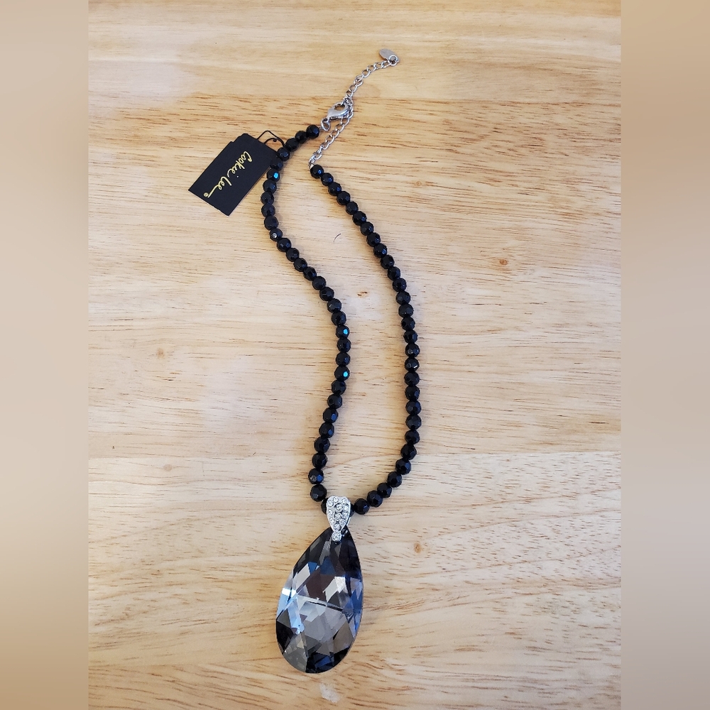 Cookie Lee Black Beaded Necklace with Crystal Pendant